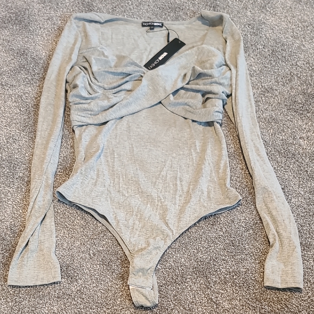 Fashion Nova Heather Gray Asymmetrical Ruched Bodysuit